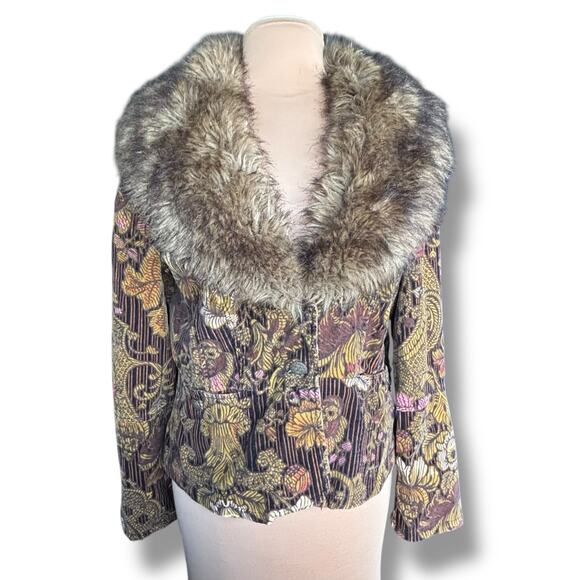 Vintage Faux Fur Trimmed Corduroy Floral Jacket Brown Boho Cropped Penny Lane - Picture 13 of 13